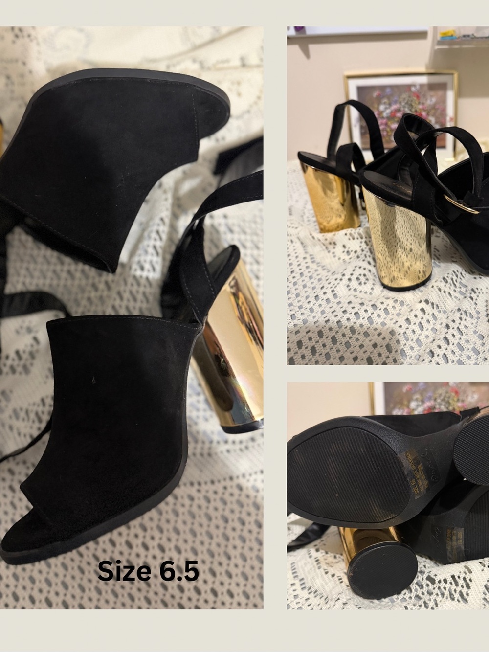 Qupid Black Suede Slingback Heels with Gold Metallic Block Heel